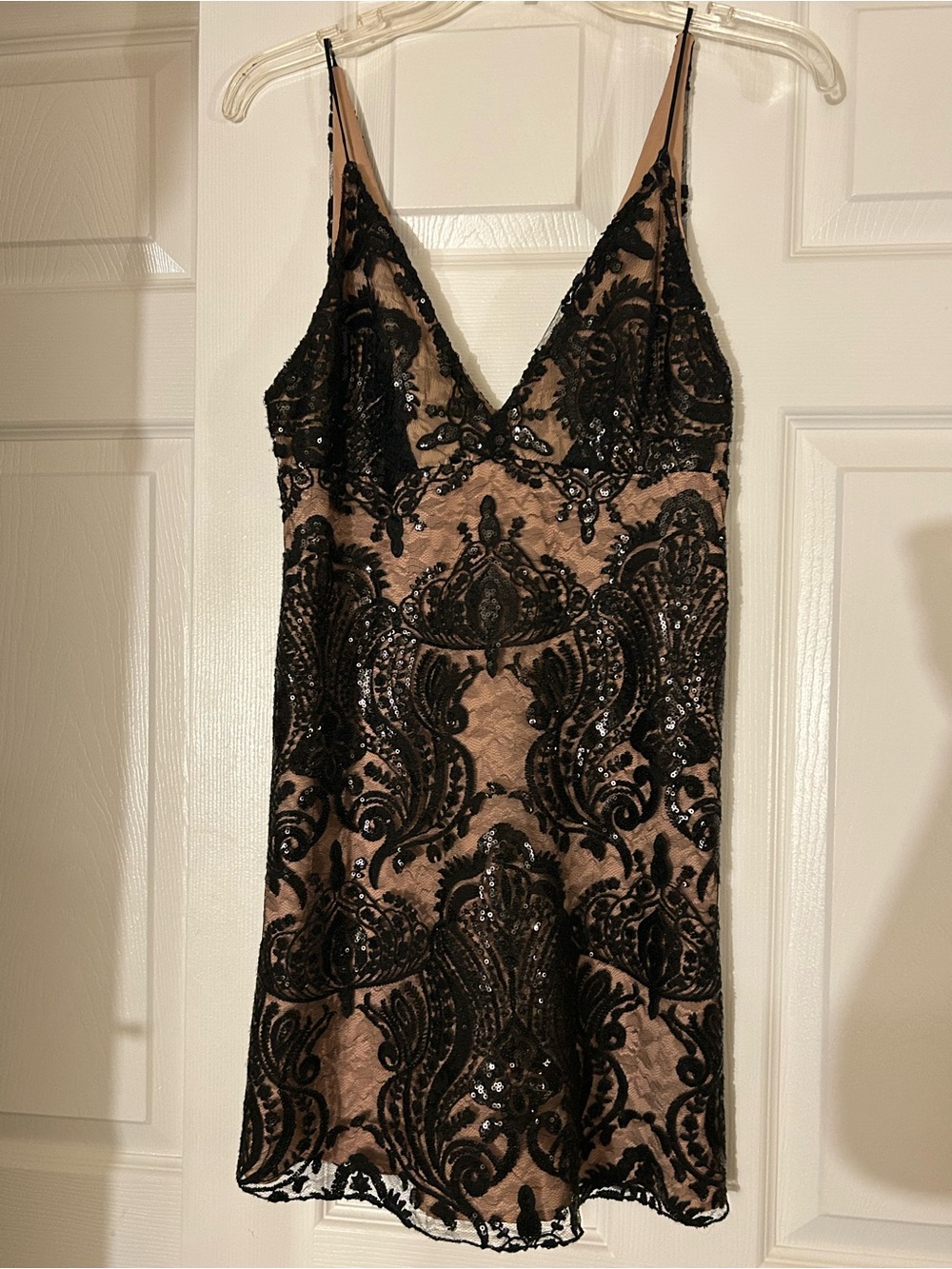 Free people sequence Black Sequin Lace Overlay Slip Dress on Nude
